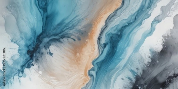 Fototapeta a vibrant abstract painting with swirling patterns of blue, white, and orange hues, creating a dynamic and captivating visual experience.