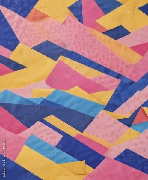 Fototapeta The image is a vibrant abstract composition featuring overlapping geometric shapes in a variety of bold colors, including shades of blue, yellow, pink, and orange.
