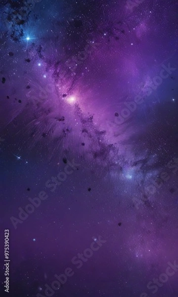 Fototapeta a cosmic scene with a deep purple and blue color palette, featuring a galaxy with a bright center and numerous stars scattered throughout the background.