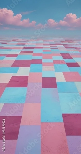 Fototapeta A surreal landscape with a checkerboard pattern of multicolored squares, set against a backdrop of a clear blue sky with fluffy white clouds.