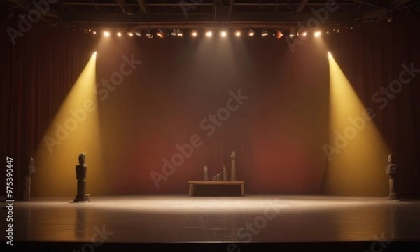 Fototapeta A dimly lit stage with a wooden platform and a statue, illuminated by a series of spotlights.