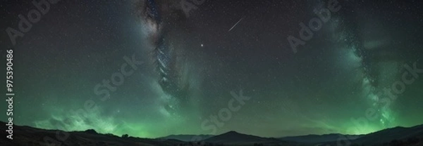 Fototapeta The Milky Way Galaxy and a shooting star streak across the night sky, with a green and blue gradient over a mountainous landscape.