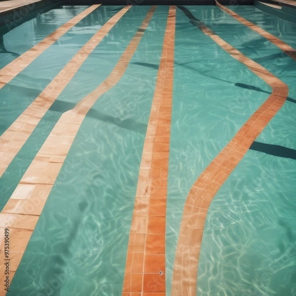 Fototapeta a swimming pool with a geometric pattern of orange and green tiles, reflecting the sunlight and creating a visually appealing design.