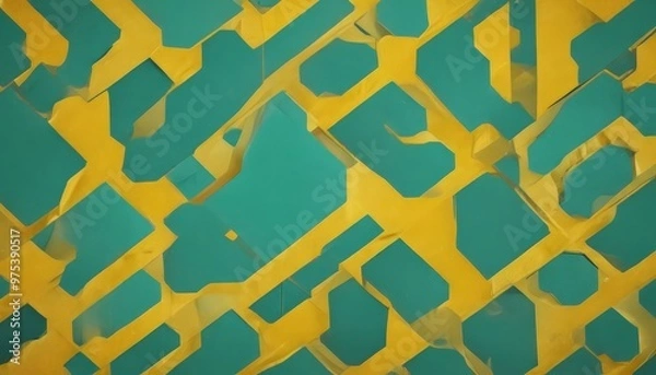 Obraz a close-up view of a geometric pattern composed of overlapping green and yellow shapes, creating a visually striking and abstract design.