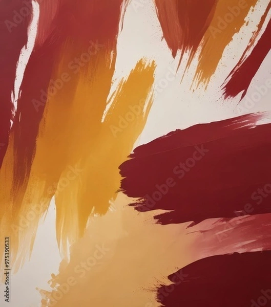 Fototapeta Abstract painting featuring bold brushstrokes in red, orange, and yellow against a white background.