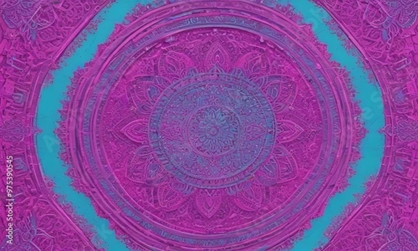 Fototapeta a circular mandala design with intricate patterns and a vibrant color palette of purple and teal.