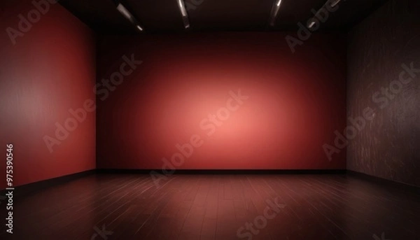 Fototapeta An empty room with red walls and a wooden floor, illuminated by a single light source in the center.