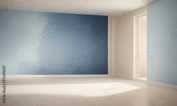 Fototapeta An empty room with a blue accent wall and a white floor, featuring a doorway and a window.