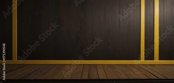 Fototapeta A dark wooden wall with vertical yellow stripes, and a wooden floor in the foreground.