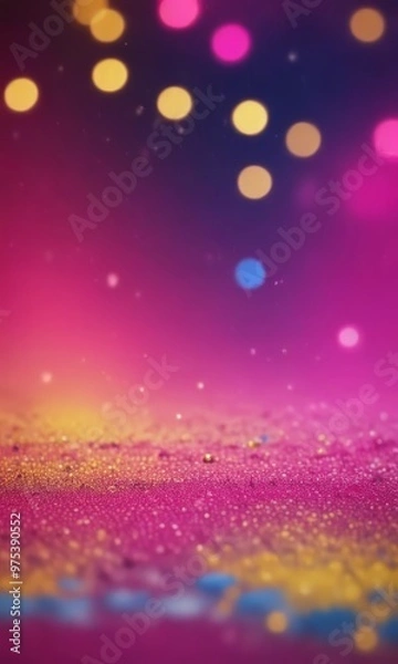 Fototapeta a vibrant, abstract background with a gradient of pink, purple, and yellow hues, accented by scattered, colorful dots and specks.