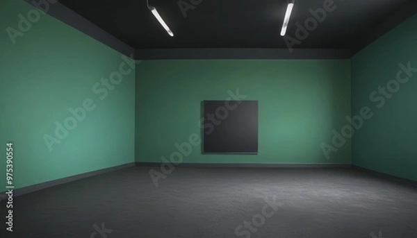 Fototapeta a minimalist art gallery space with a green wall, a black rectangular artwork, and two white track lights hanging from the ceiling.