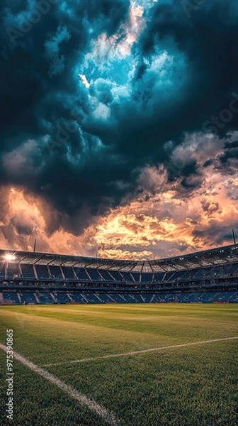 Fototapeta Dramatic storm clouds roll over stadium landscape, creating stunning backdrop for vibrant green grass. atmosphere is charged with anticipation and beauty