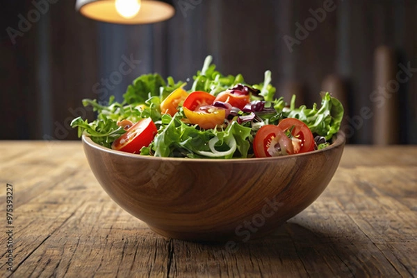 Fototapeta Realistic salad bowl on wood table with beautiful studio light and fresh organic vegetable leaf, onion, tomato ingredient for vegan food in concept of tasty delicious clean and healthy food