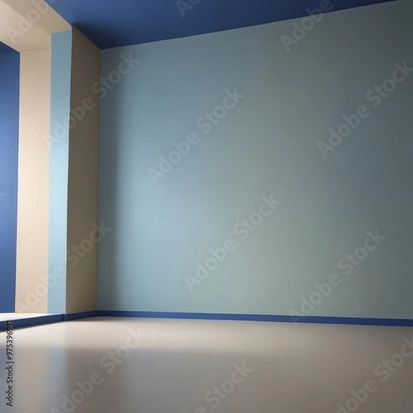 Fototapeta An empty room with a blue wall and a beige wall, featuring a light wooden floor and a window on the left side.