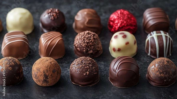 Fototapeta Assorted chocolates. Assorted Gourmet Chocolate Truffles. A variety of gourmet chocolate truffles arranged in rows, featuring different flavors and textures in a visually appealing presentation.