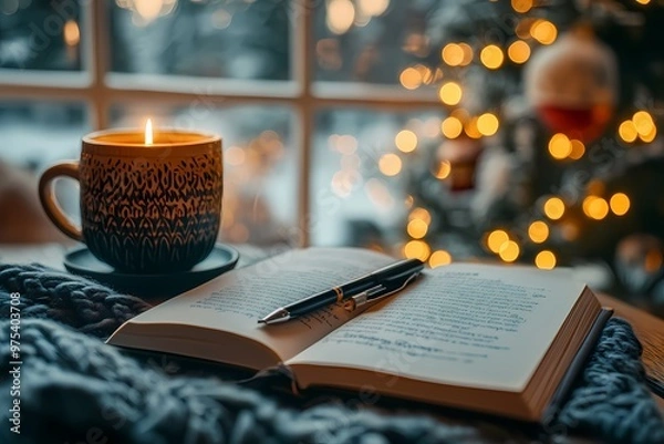 Obraz A book with an open page and a pen on the table, next to it is a coffee in a beautiful mug with a candle inside
