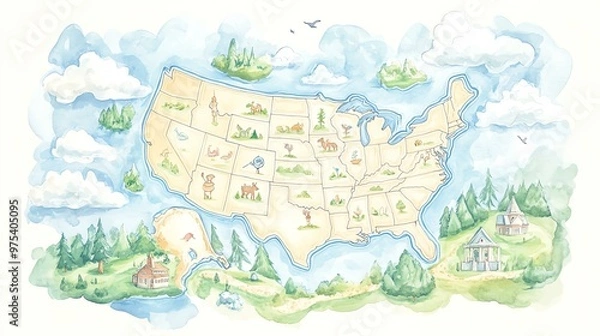 Fototapeta Whimsical watercolor map of the United States highlighting state icons and nature scenes with a charming, playful design.