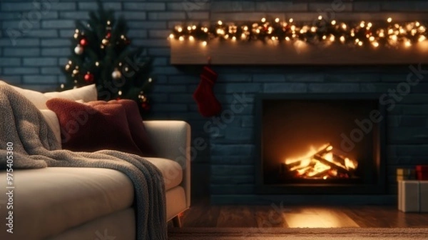 Obraz Cozy winter scene with a fireplace and holiday decorations with warm, inviting tones
