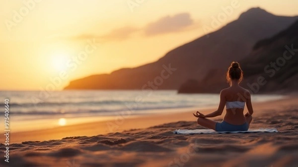 Fototapeta A yoga class taking place on a serene beach during sunrise with warm tones