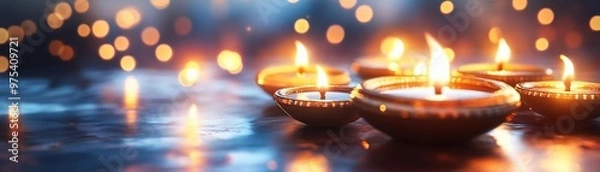 Fototapeta A serene display of glowing candles, creating a warm and inviting atmosphere perfect for relaxation or celebration.