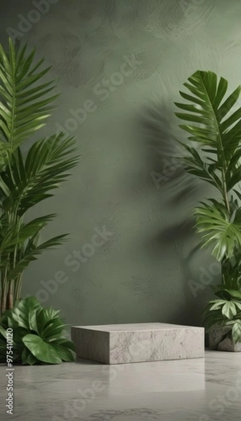 Fototapeta A marble pedestal stands against a green wall, flanked by two tall palm trees with large, vibrant green leaves.