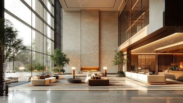 Fototapeta Modern lobby with elegant seating and natural light.