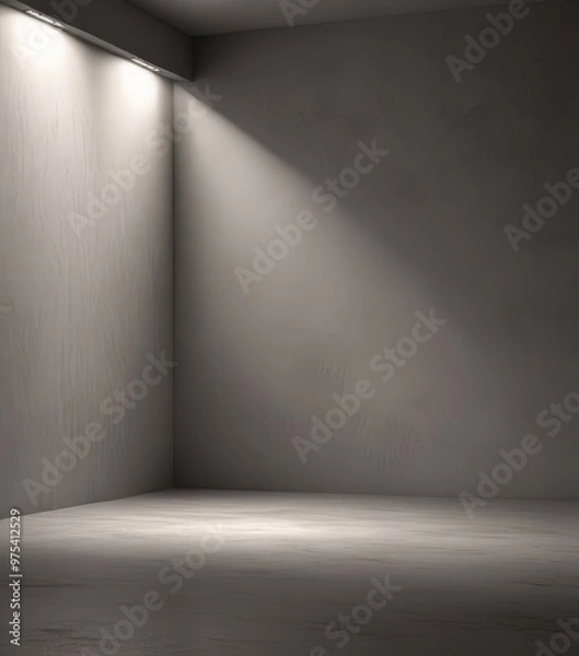 Obraz A dimly lit, empty room with a concrete floor and a single light source on the left wall, creating a sense of solitude and tranquility.