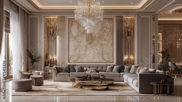 Obraz A luxurious living room with a large sectional sofa, a marble wall, a crystal chandelier, and a coffee table with a gold-leaf finish.