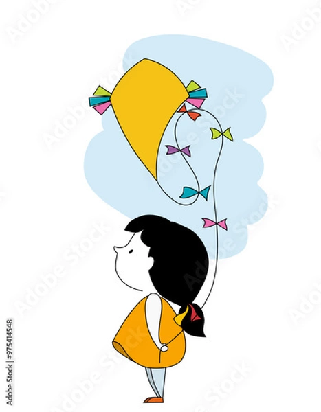 Obraz Cute little girl playing with yellow kite isolated on white background