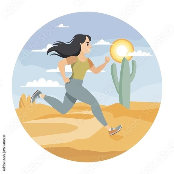 Obraz Young fit woman is running in a sand desert. Sun, cloudy sky, cactus Saguaro, rocks