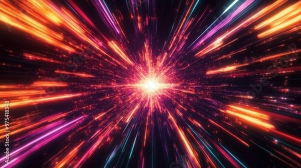 Fototapeta Radiant Neon Energy, vibrant digital bursts emanating from a central source, dynamic streaks of light stretching outward, creating an electric atmosphere of pulsating motion