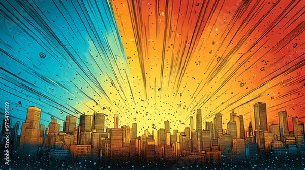 Fototapeta vibrant city skyline with rays of light radiating, creating a dramatic atmosphere.