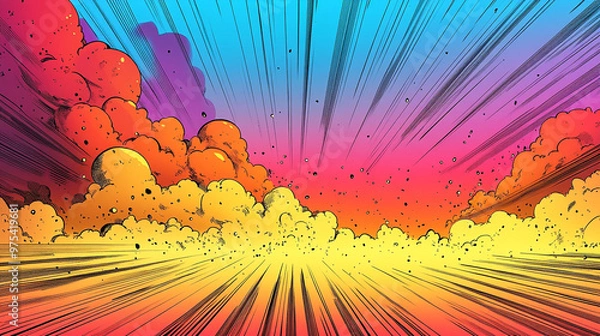 Fototapeta Vibrant explosion of colors depicting a dynamic sky with rays and clouds.
