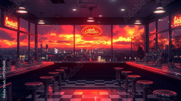 Fototapeta A diner interior with a vibrant sunset view, creating a nostalgic atmosphere.