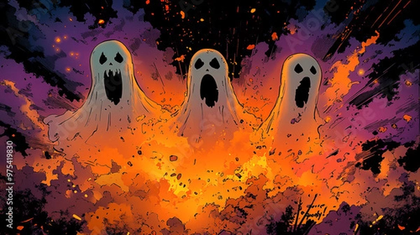 Fototapeta Three ghostly figures emerge from an explosion of fiery colors, creating a spooky atmosphere.