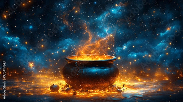 Fototapeta A mystical cauldron emits glowing embers and smoke against a cosmic backdrop.