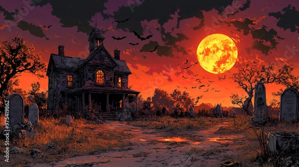 Fototapeta A spooky, atmospheric scene featuring a haunted house, graveyard, and a full moon.