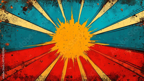 Fototapeta A vibrant graphic design featuring a sunburst pattern with blue and red rays.