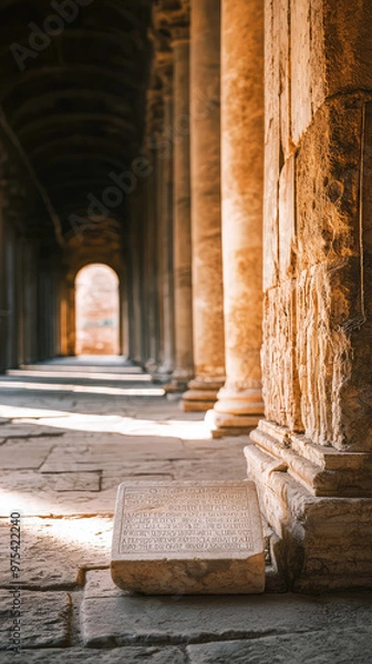 Fototapeta A marble tablet etched with Stoic teachings rests against ancient stone columns, illuminated by soft sunlight filtering through an archway. serene atmosphere evokes contemplation and reflection