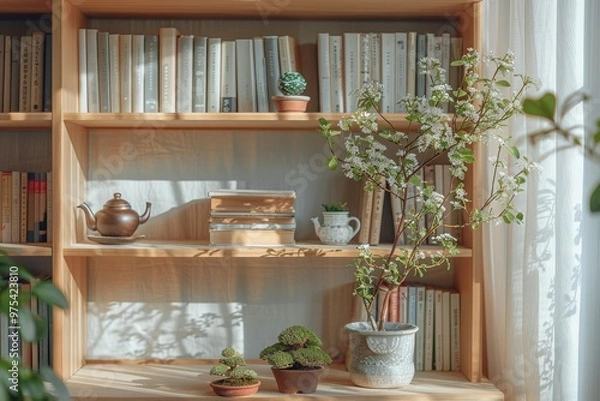 Fototapeta A cozy bookshelf adorned with plants and teapot, perfect for creating a warm and inviting atmosphere in a home office.