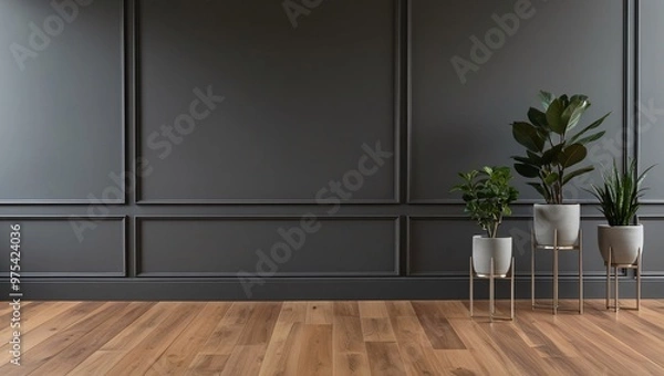 Fototapeta Minimalist interior design featuring a dark gray wall with molding, four potted plants in light gray pots with gold stands, and a light wood floor, generative ai
