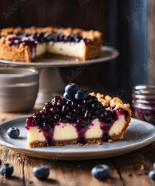 Fototapeta Blueberry crumble cheesecake with a rich, creamy filling and a buttery crumble topping
