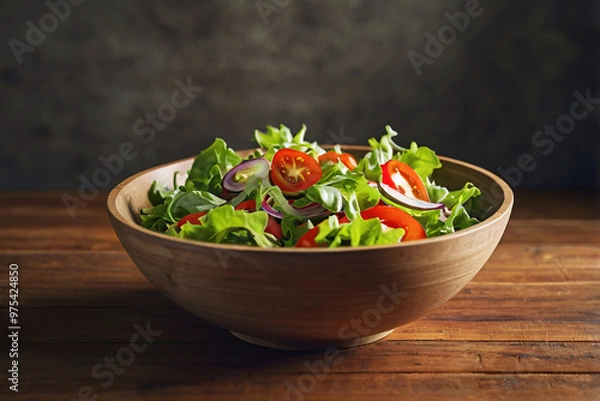 Fototapeta Realistic salad bowl on wood table with beautiful studio light and fresh organic vegetable leaf, onion, tomato ingredient for vegan food in concept of tasty delicious clean and healthy food