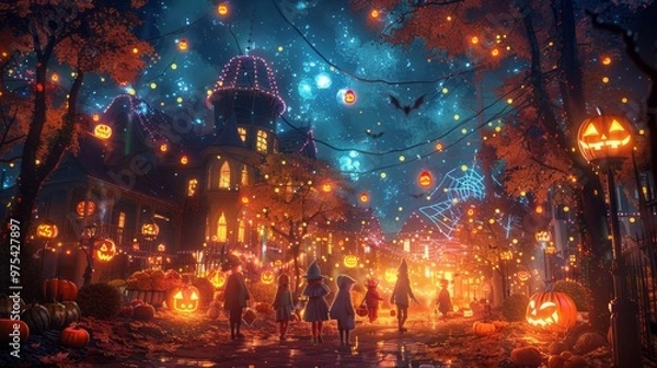 Fototapeta A whimsical Halloween scene filled with glowing pumpkins, festive lights, and a magical sky, perfect for capturing autumn spirit.