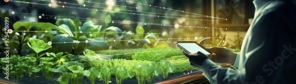 Fototapeta A farmer using a tablet in the field, precision agriculture technology at work in this innovative illustration