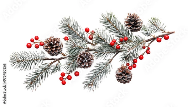 Fototapeta Christmas Composition with Fir Branches, Red Berries, and Pine Cones on White Background