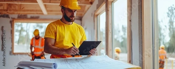 Fototapeta Civil engineer in a construction office trailer with blueprints spread out