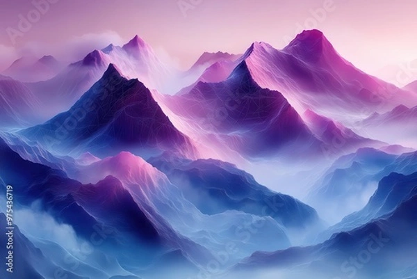 Fototapeta abstract mountain range rendered in shimmering crystals misty atmosphere futuristic 3d wireframe overlay cool color palette