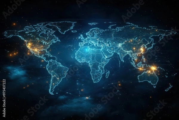 Fototapeta abstract world map composed of glowing blue digital connections on a dark background illuminated nodes represent major cities showcasing global networks and data flow in a futuristic style