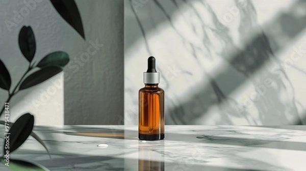 Fototapeta Empty glass amber bottle with pipette dropper on a marble surface Cosmetic or medicine serum for skincare Vegetarian natural organic oil essence Product advertisement Copy space Isolated Mineral fluid